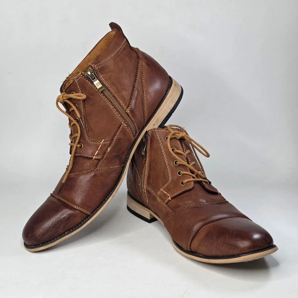 Kunsto Boots Men's Size 12 Tan Leather Cap Toe Side Zip Arch Support Shoes